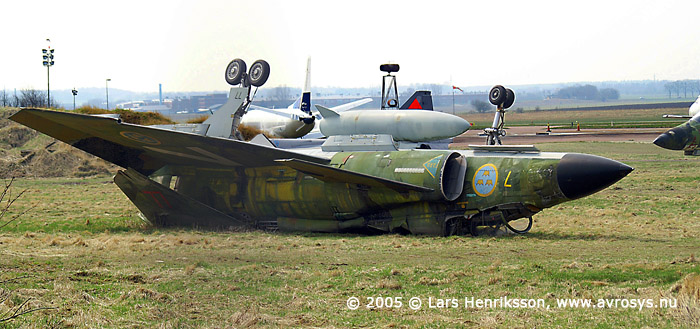 Swedish Attack Aircraft AJ 37 Viggen. Air Force number 37077. Marking from its active time at Wing F7, Stens. Here at the fire and rescue training site at Halmstad