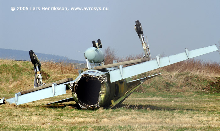 Swedish Attack Aircraft AJ 37 Viggen. Air Force number 37077. Marking from its active time at Wing F7, Stens. Here at the fire and rescue training site at Halmstad