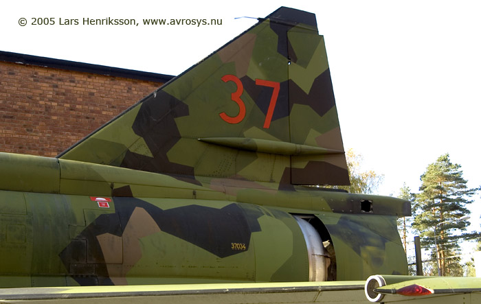 Swedish Air Force attack aircraft SAAB AJ 37 Viggen, # 37034. Photo when displayed at Innovatum, Trollhttan in October 2005.  Lars Henriksson, www.avrosys.nu.