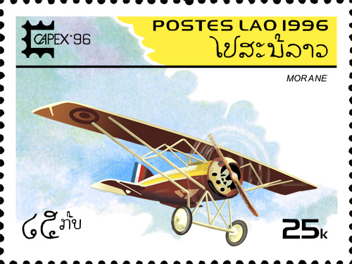 Stamp, Laos 1996 depicting a Morane-Saulnier Paralsol.