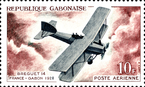 Stamp from issued by the Gabonese Republic (Gabon) in 1962 depicting a Breguet 14.