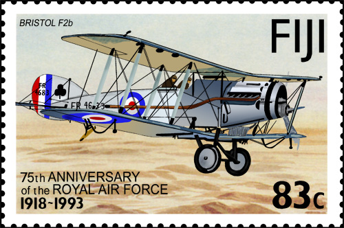 Stamp issued at Fiji Islands 1993 depicting a Bristol F2B Fighter