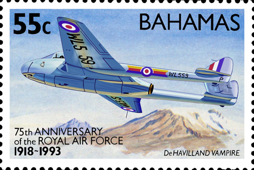 Stamp Bahamas 1993 depicting de Havilland Vampire FB Mk 9 - here serial WL559 of Royal Air Force No. 8 Squadron at Aden.