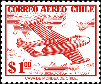 Stamp from Chile depicting a de Havilland Vampire in service of Fuerza Area de Chile.