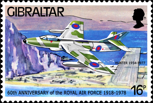 A RAF Hawker Hunter on a stamp from Gibraltar issued in 1978