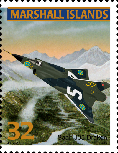 Swedish fighter aircraft SAAB J 35 Draken on stamp from Marshall Islands 1995