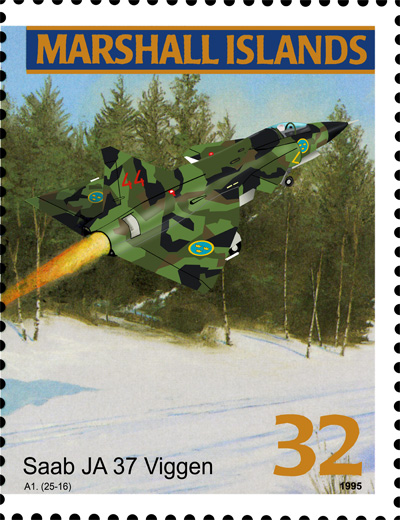 Swedish fighter aircraft SAAB JA 37 Viggen on stamp from Marshall Islands 1995