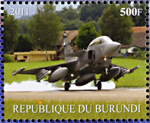 Stamp issued in the Republic of Burundi  with a Swedishi JAS 39 Gripen as motif.