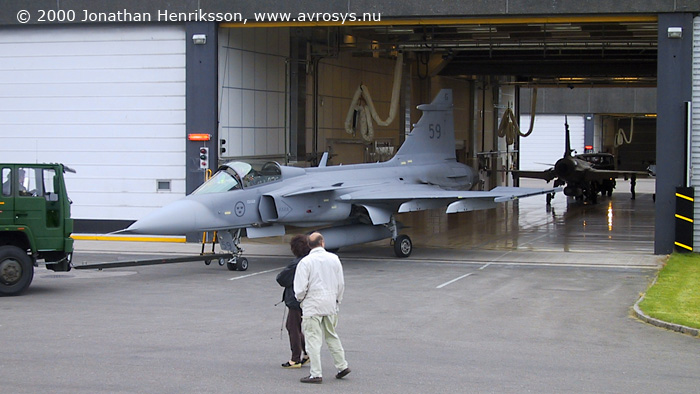 Swedish Air Force JAS 39A Gripen multi-role fighter # 39159 being towed into the hangar. Photo Jonathan Henriksson, Ljungskile
