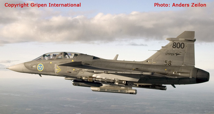 Swedish Air Force mulit-role fighter aircraft JAS 39 Gripen in two-seat version (# 39-800). 