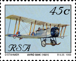 Stamp issued by South Africa 1933. Depicts an Avro 504K from 1921. Scanning www.avrosys.nu