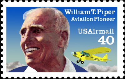 Stamp from 1991 showing William T. Piper and a Piper Super Cub (Swedish Army Fpl 51)