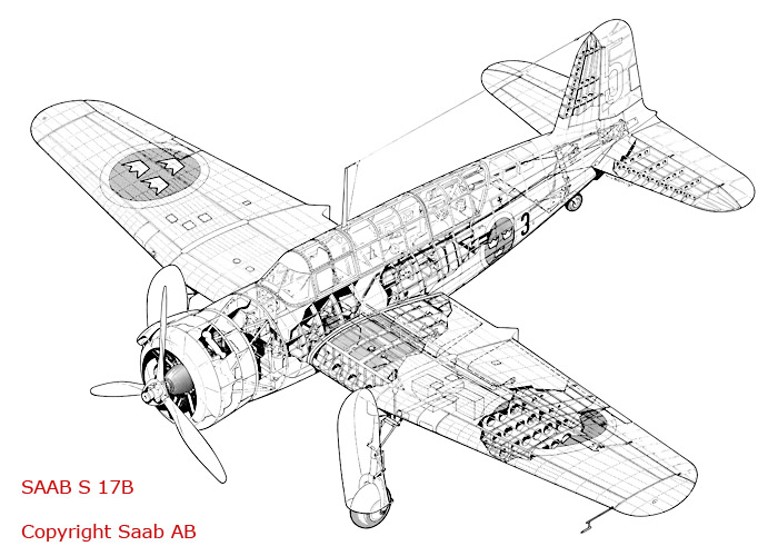 Cut-away drawing of Swedish Air Force Bomber Aircraft SAAB B 17. 