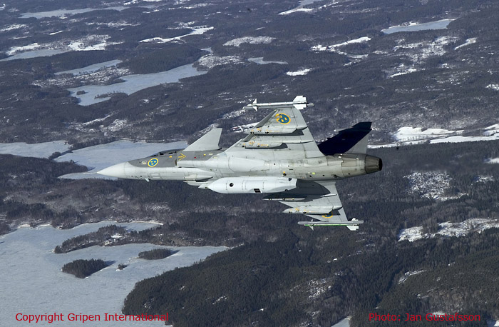 Swedish Air Force multi-purpose fighter aircraft JAS 39C Gripen fitted with recce pod SPK39