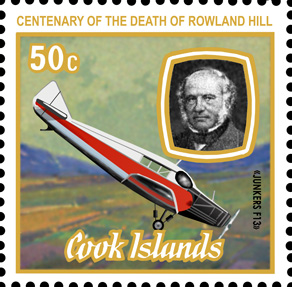 Stamp from Cook Islands depiciting a Junkers F 13. To the centenary of the death of Rowland Hill, the inventor of the postage stamp. Issued 1977.