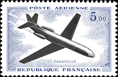 Caravelle - French air mail stamp from 1957 depicting the famous passenger aircraft