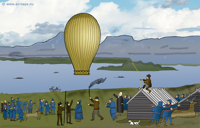 Launching of a hot air balloon in Karesuando (Enentekis) in 1799.