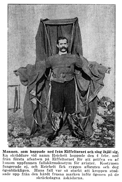 Franz Reichelt, who jumped from the Eiffel tower. From a Swedish newspaper February 1912.