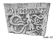 Baptismal font from Norum Church, Bohuslän, Sweden. Middle Age.-  Dopfunt av fyrkantig form från Norum kyrka i nära Stenungsund. Försedd med medeltida runinskrift.  - Size 1400 x 1000 pixles