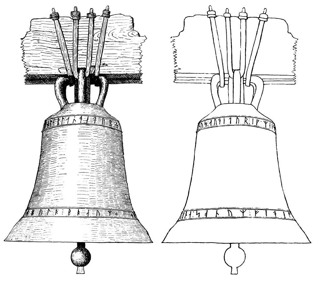 Church Bell with Runes, Bollebygd, Västergötland, Sweden. Kyrkklocka med runor, 1300-talet, Bollebygd kyrka, Västergötland.