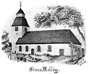 Stora Mellby church, Sweden. Drawing from 1887. Size 3038 x 2550 pixels.
