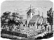 Grinneröds gamla kyrka, Bohuslän. Träsnitt från 1800-talets mitt.