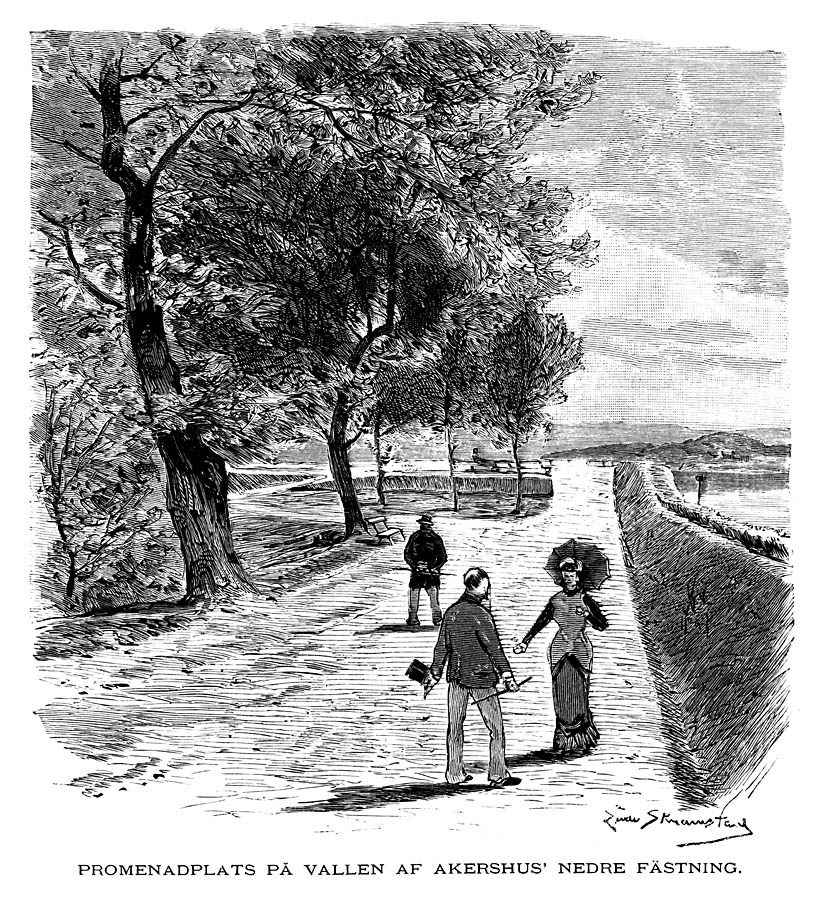 The walk at the wall of the Lower Fortress of Akershus. Artist: L. Skramstad, 1882.