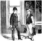 Schoolboy and young worker. Sweden 19th century - "Åh, herre Gud, den som vore så lycklig som du: finge springa gata upp och gata ned!". Sverige, sent 1800-tal. Size