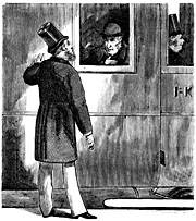 Two old men at a railway car. Sweden 19th century - Doktorn talar med brukspatron som skall åka till kurort. Sverige, sent 1800-tal. Size 