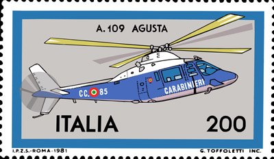 Stamp issued i Italy 1981 depecting a Agusta A-109 of the Italian Carabinieri. Value 200 lire.