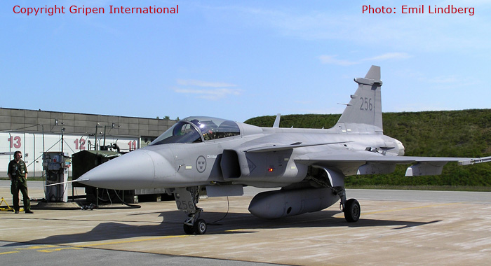 Swedish Air Force multi-purpose fighter aircraft JAS 39C Gripen fitted with recce pod SPK39