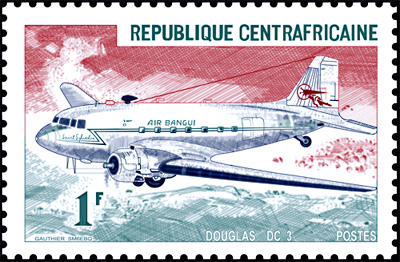 Stamp depicting C-47-DL, "DC-3", TL-AAD which belonged to Compangnie Centre Africaine Air Bangu 1966-1971. 