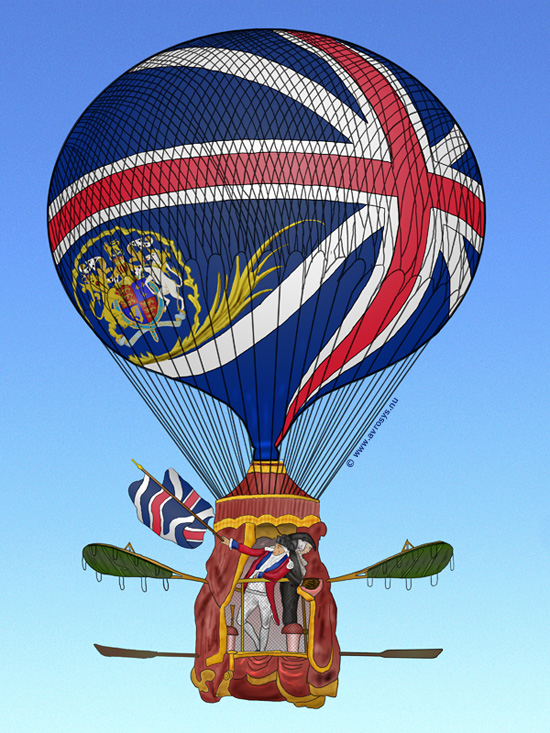 Lunardi and his friend Biggin flying the second balloon, painted to resemble the Union Jack.