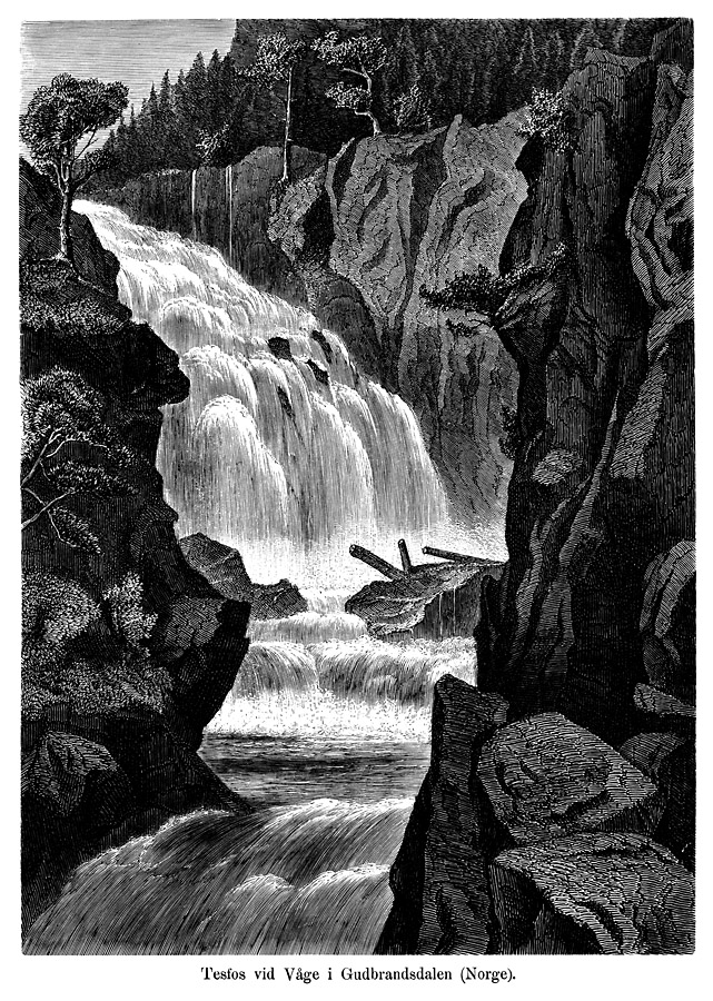 Tesfos at Vge in Gudbrandsdalen, Norway. Woodcut from 1869 after a painting by J. Broch.